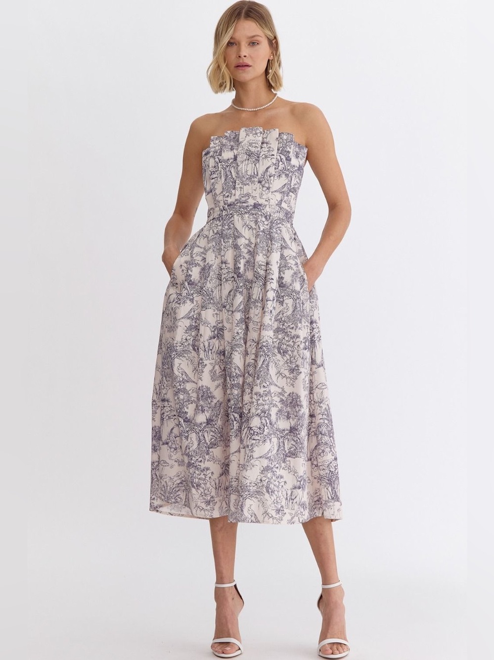 Entro COTTON NAVY BLUE TOILE STRAPLESS MIDI DRESS Size Small
